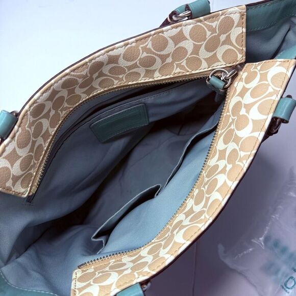 Coach Chelsea Heritage Stripe Signature Tote Teal & Khaki Coated Canvas #F15137 - Picture 5 of 12